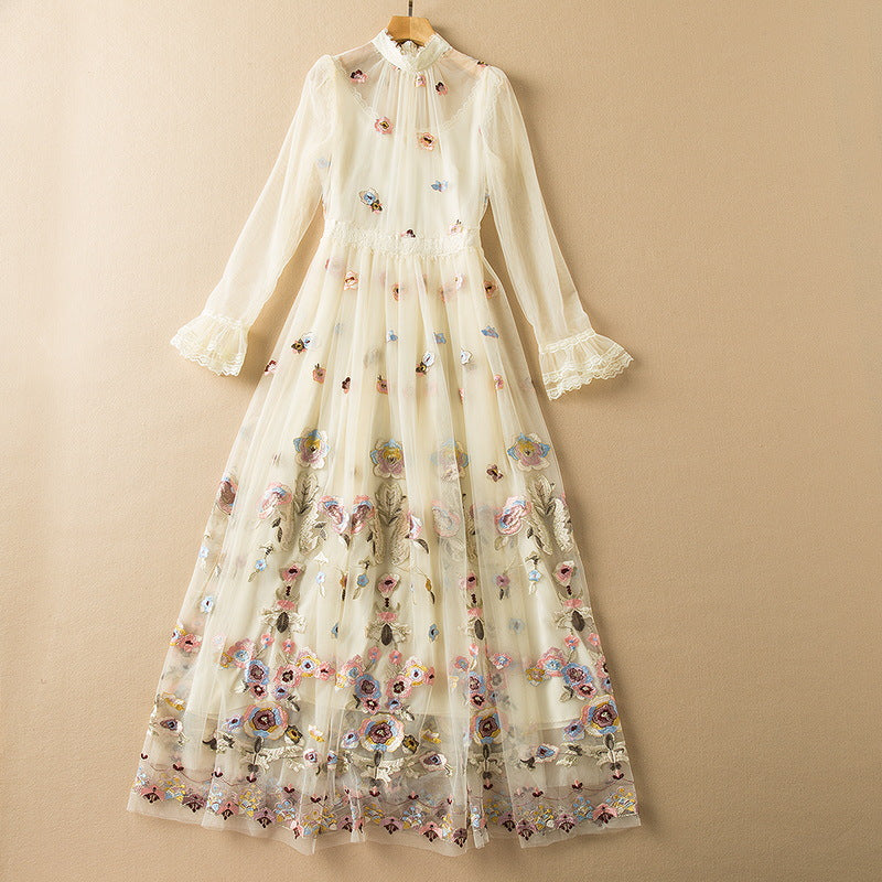 Mesh Exquisite Embroidery Floral Stand Collar Wide Hem Long Sleeve Dress