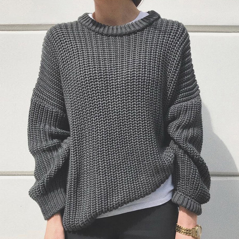 Women's Fashion Casual Simple Thick Needle Long Sleeve Round Neck Loose Knitted Pullover Sweater