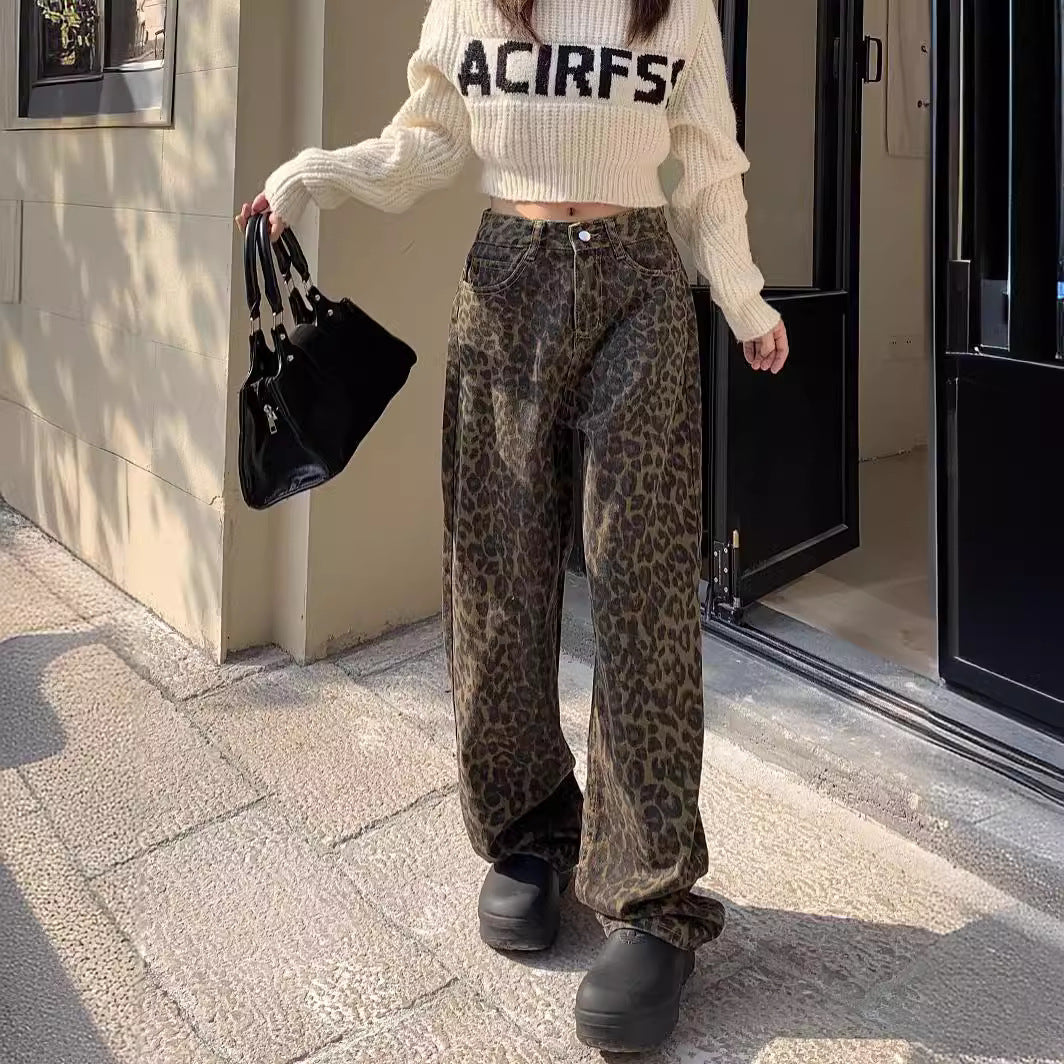 Leopard Print All-matching Jeans Loose Straight Casual Wide-leg Pants