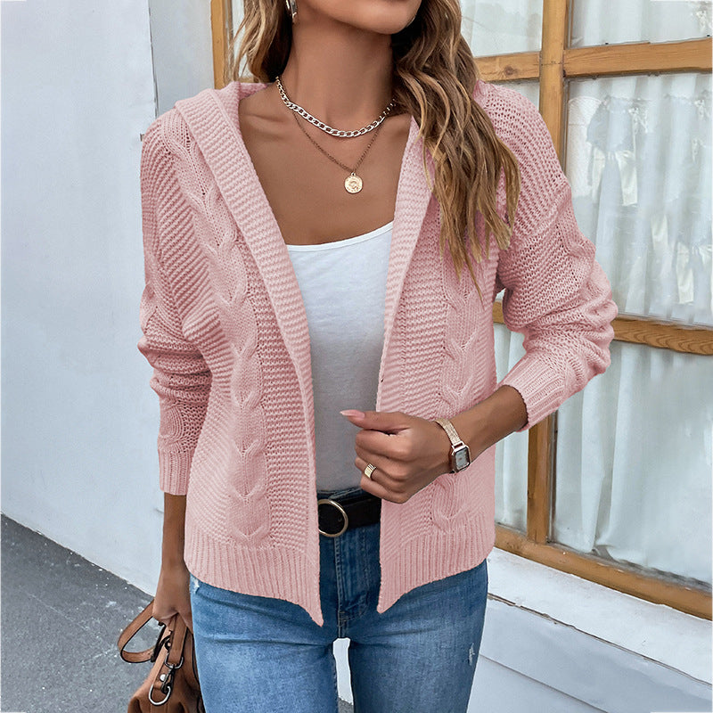 Women's Fashion Casual Solid Color Hooded Twist Sweater Cardigan Coat