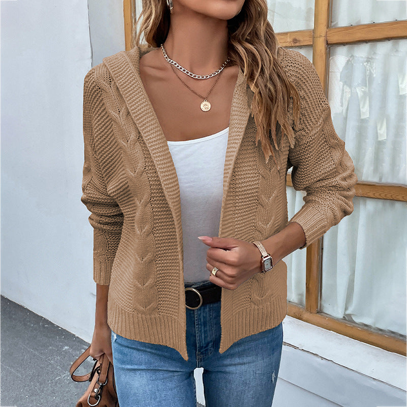 Women's Fashion Casual Solid Color Hooded Twist Sweater Cardigan Coat