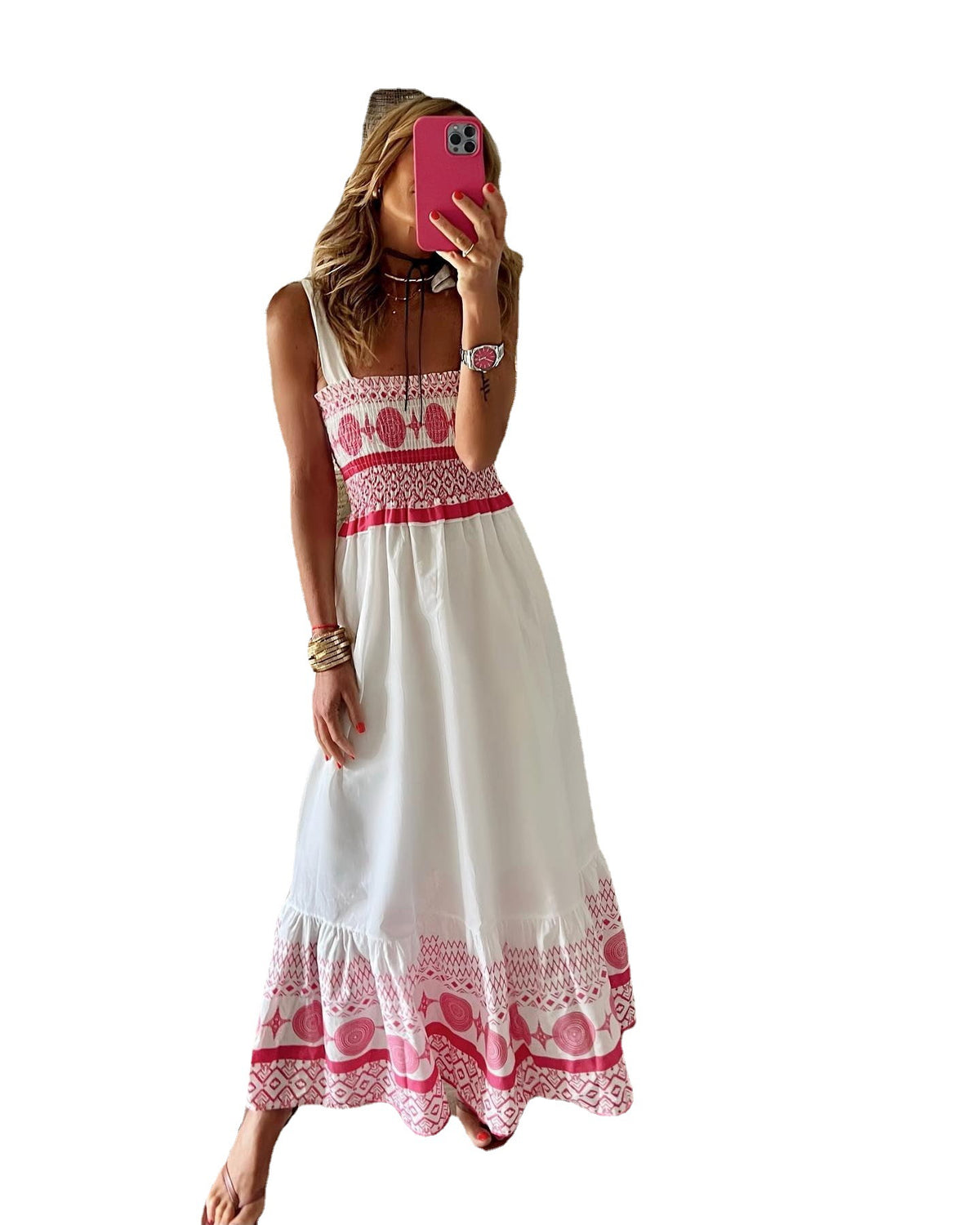 Women's Lace Up Printed Elastic Long Dress