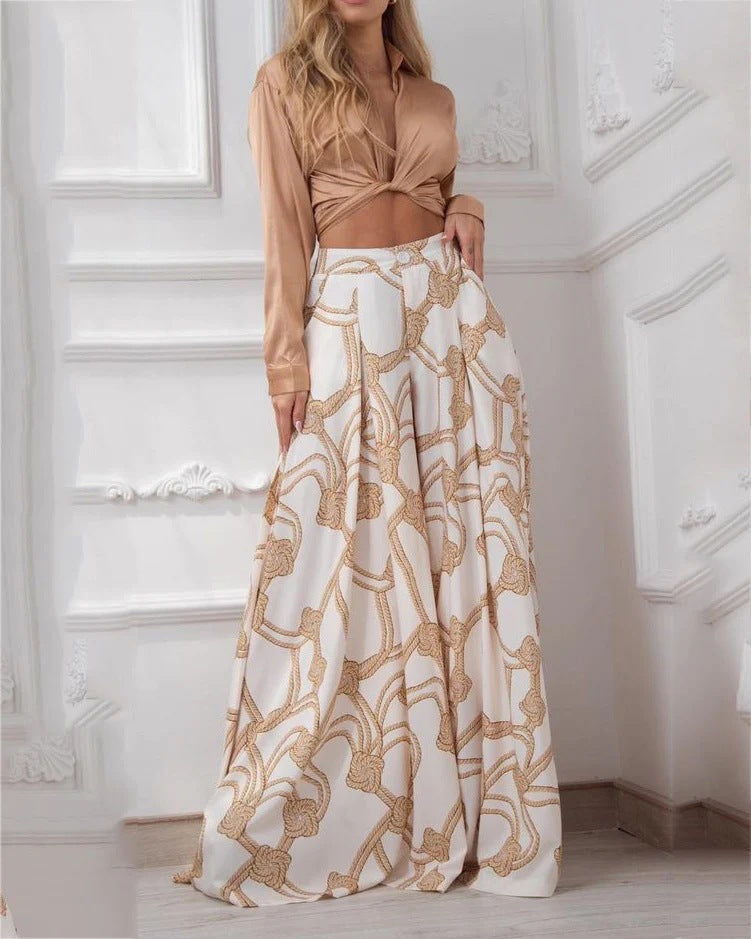 Women's Printed Lace Up Shirt High Waist Wide Leg Pants Two-piece Set