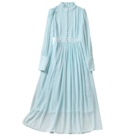 Wooden Ear Collar Bag Buckle Decorative Chiffon Big Swing Long Sleeve Dress