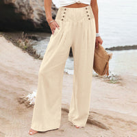 Casual Elastic High Waist Women's Cotton Linen Wide Leg Pants