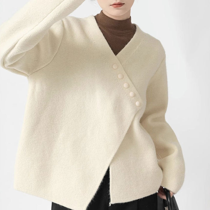 Irregular Diagonal Button Sweater Coat Female Loose Knitted Cardigan