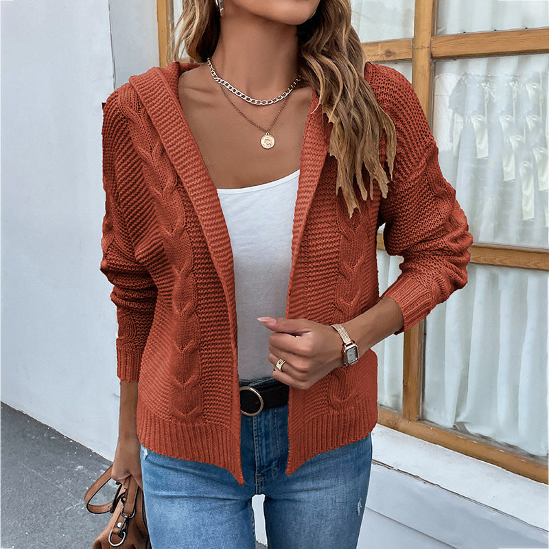 Women's Fashion Casual Solid Color Hooded Twist Sweater Cardigan Coat