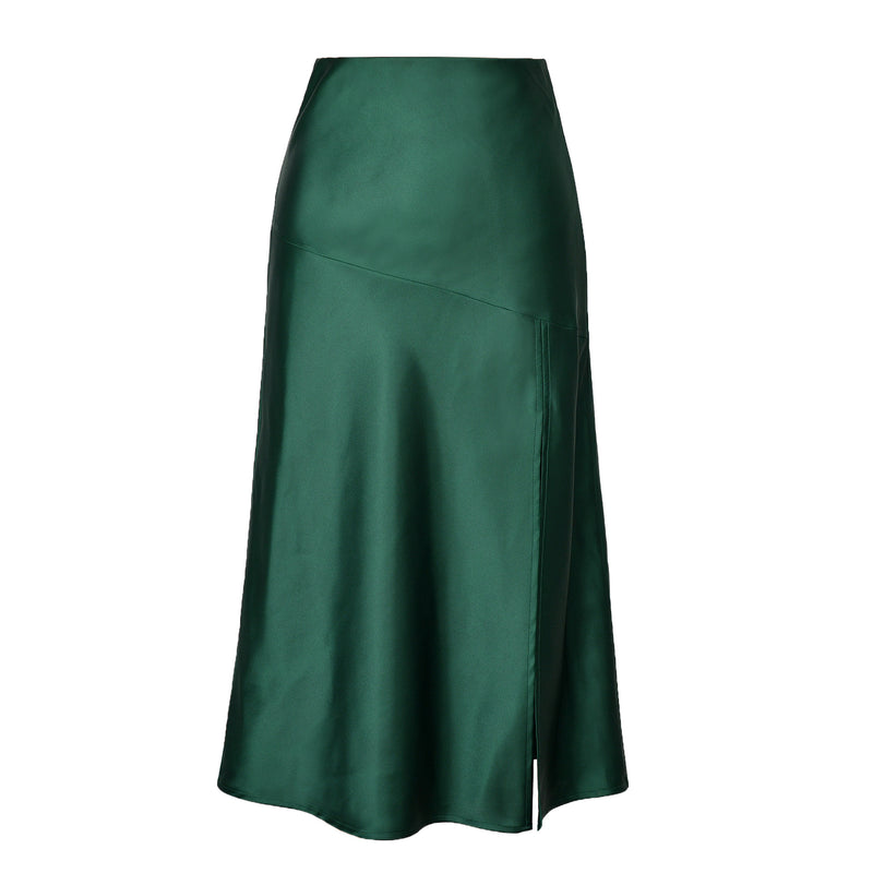 Women's High Waist Glossy Satin Skirt Slit