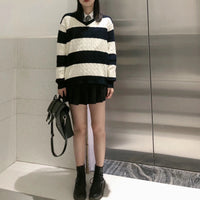 European And American Striped Cable-knit Sweater V-neck Loose Sweater For Women