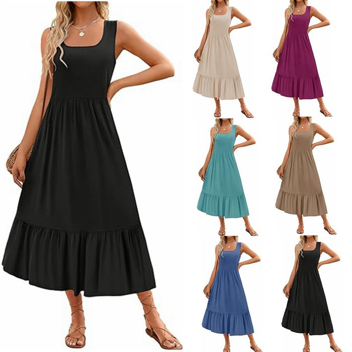 Women's Square Collar Pleated Sleeveless Dress