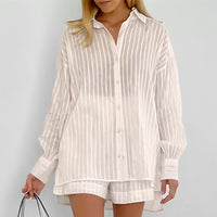 Women's Graceful And Fashionable Striped Puff Sleeve Shorts Suit