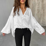 White Stand Collar Satin Top For Women