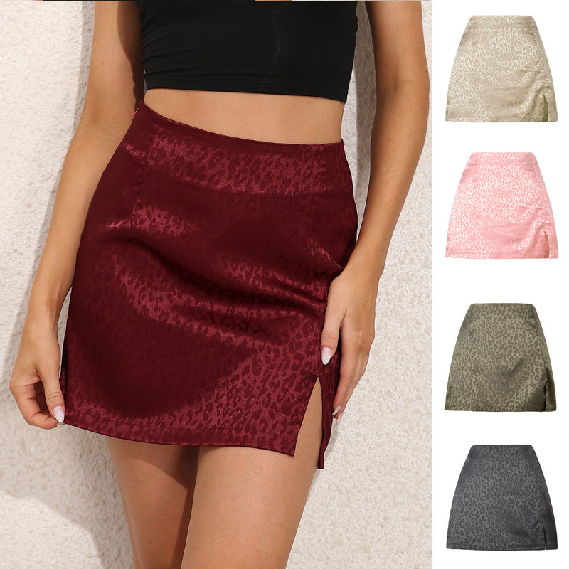 Women's Leopard Print High Waist Slit Short Skirt Jacquard