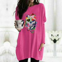 Women's Fashionable Colorful Skull Printed Long-sleeved T-shirt