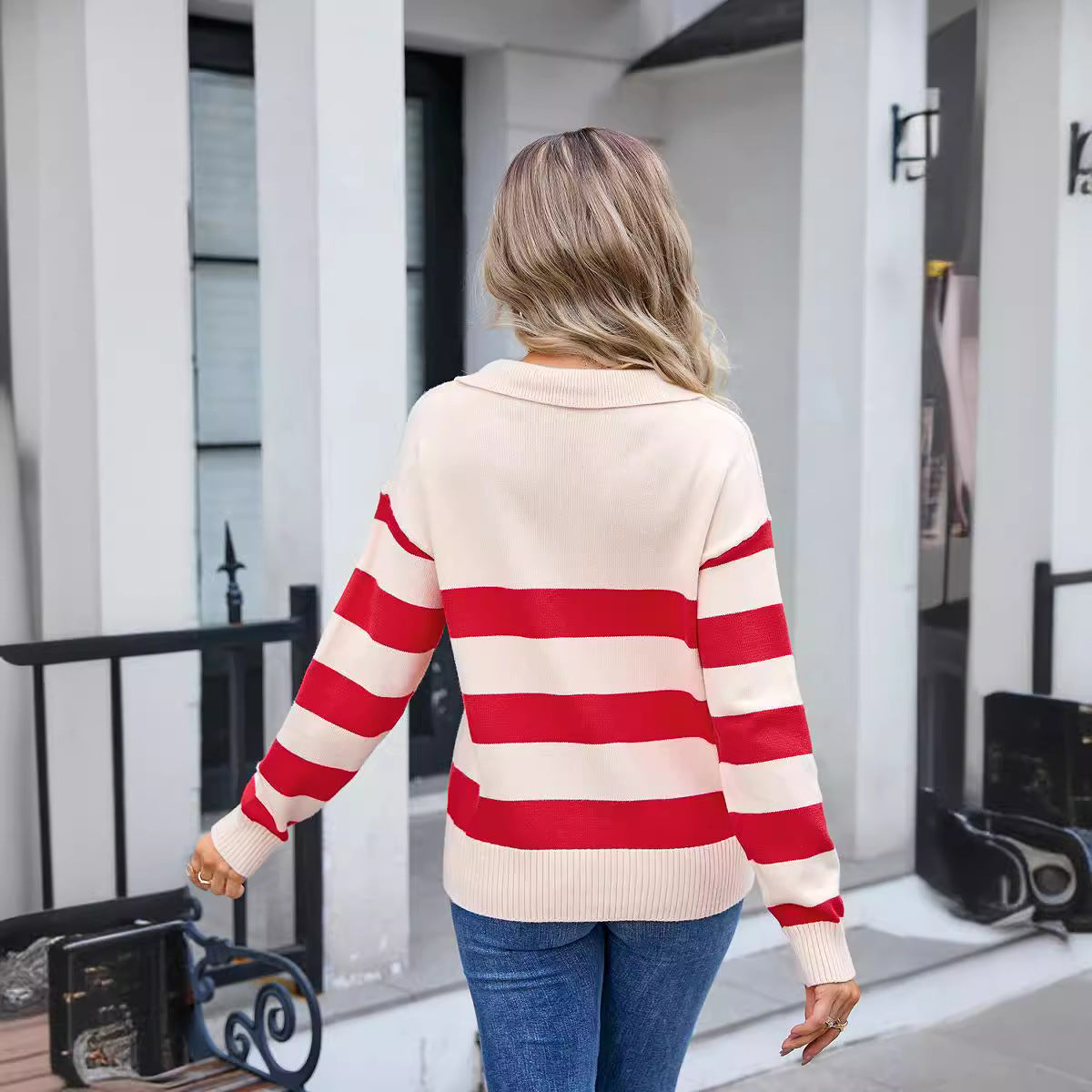 Women's Sweater Striped Stitching PLOL Collar