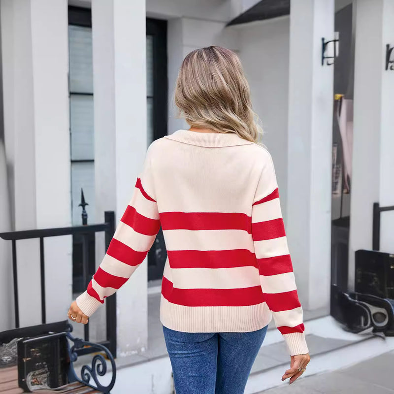 Women's Sweater Striped Stitching PLOL Collar