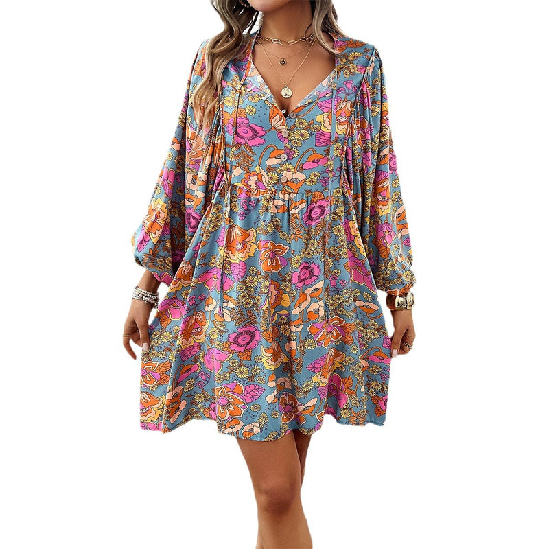 Casual Holiday Floral Print Long Sleeve Dress