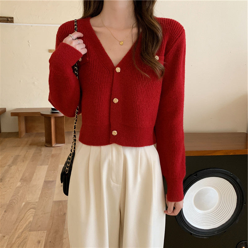 Classic Style Short Knitted V-neck Long-sleeve Cardigan Sweater