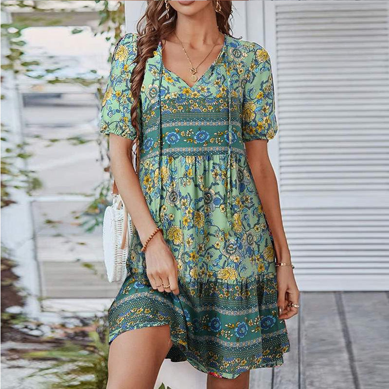 Bohemian Floral Print Lace-up Dress