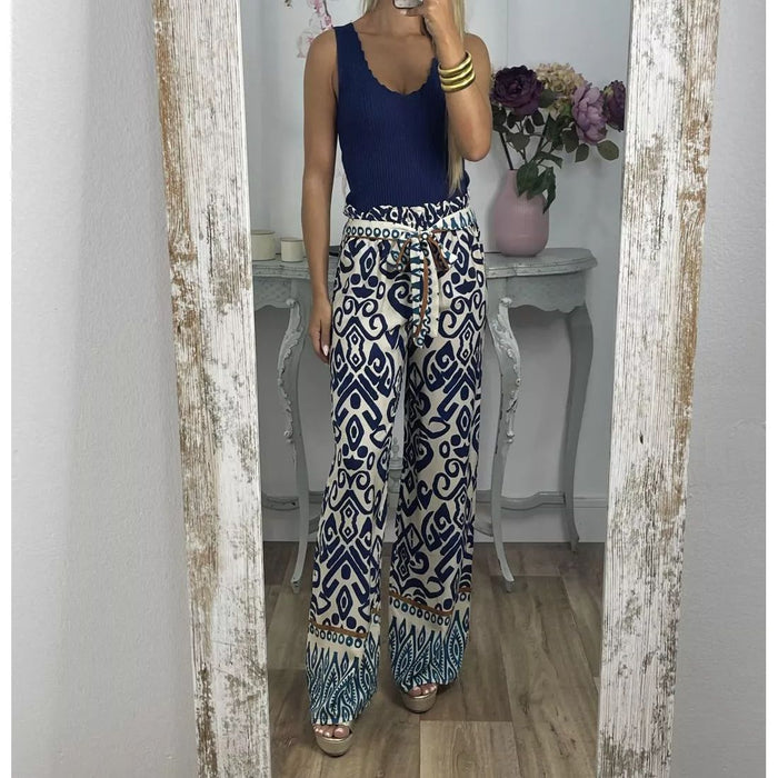 Women's Fashion Printing Belt Loose Casual Trousers