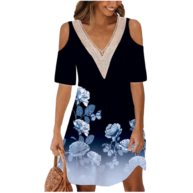 Women's Printing Off-the-shoulder V-neck Dress