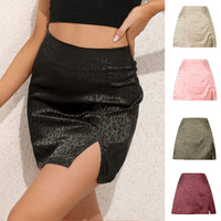 Women's Leopard Print High Waist Slit Short Skirt Jacquard