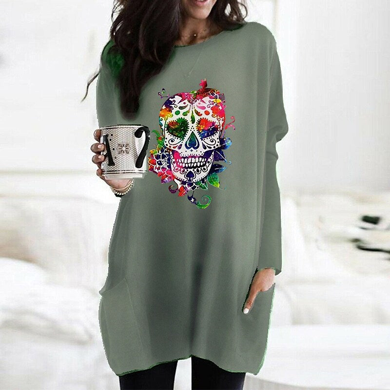 Women's Fashionable Colorful Skull Printed Long-sleeved T-shirt