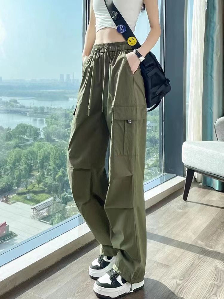 Drawstring Tooling Style High Waist Design Sense Ankle-tied Sports Wide-leg Pants