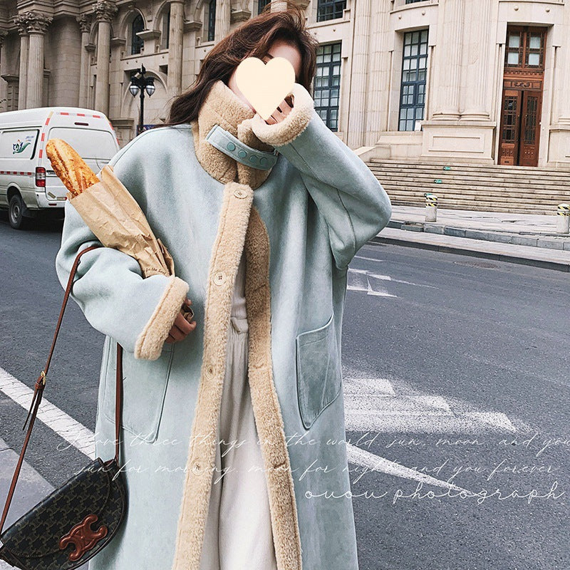 Blue Fur One-piece Lamb Wool Coat Women's Thickened Fleece Overcoat