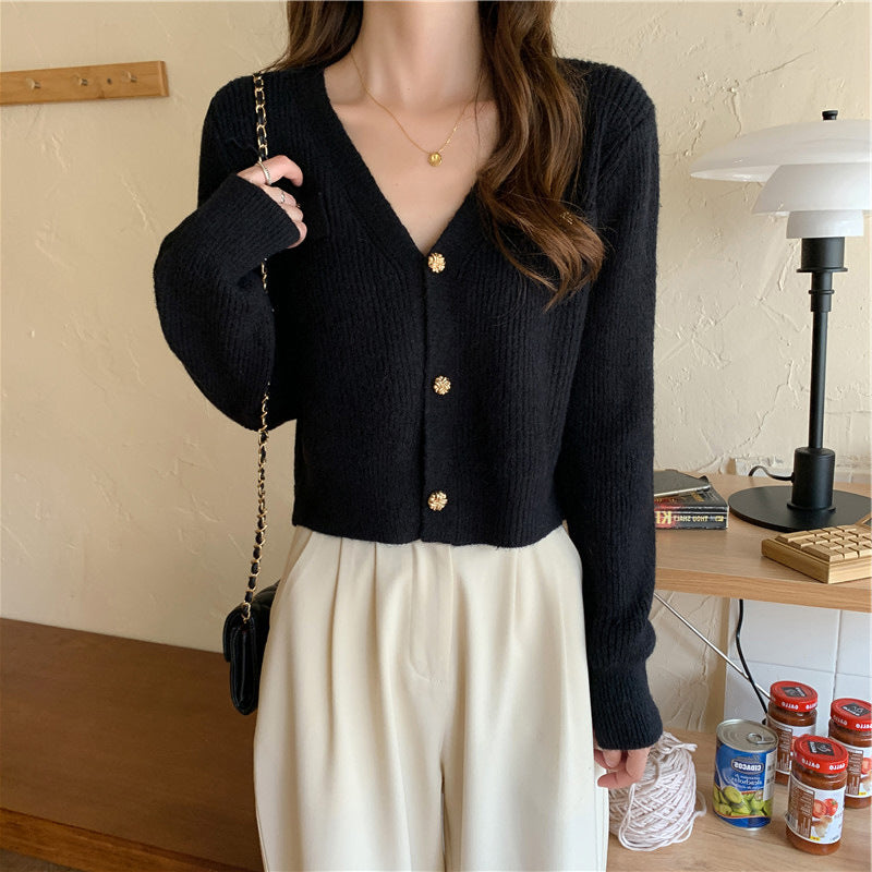 Classic Style Short Knitted V-neck Long-sleeve Cardigan Sweater