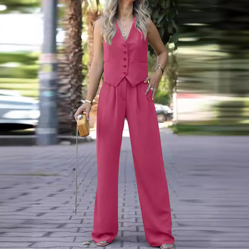 V-neck Sleeveless Waistcoat Vest Drooping Wide-leg Pants Suit