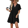 New Solid Color And V-neck Loose Pleated Dress Women