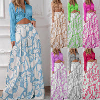 Women's Printed Lace Up Shirt High Waist Wide Leg Pants Two-piece Set