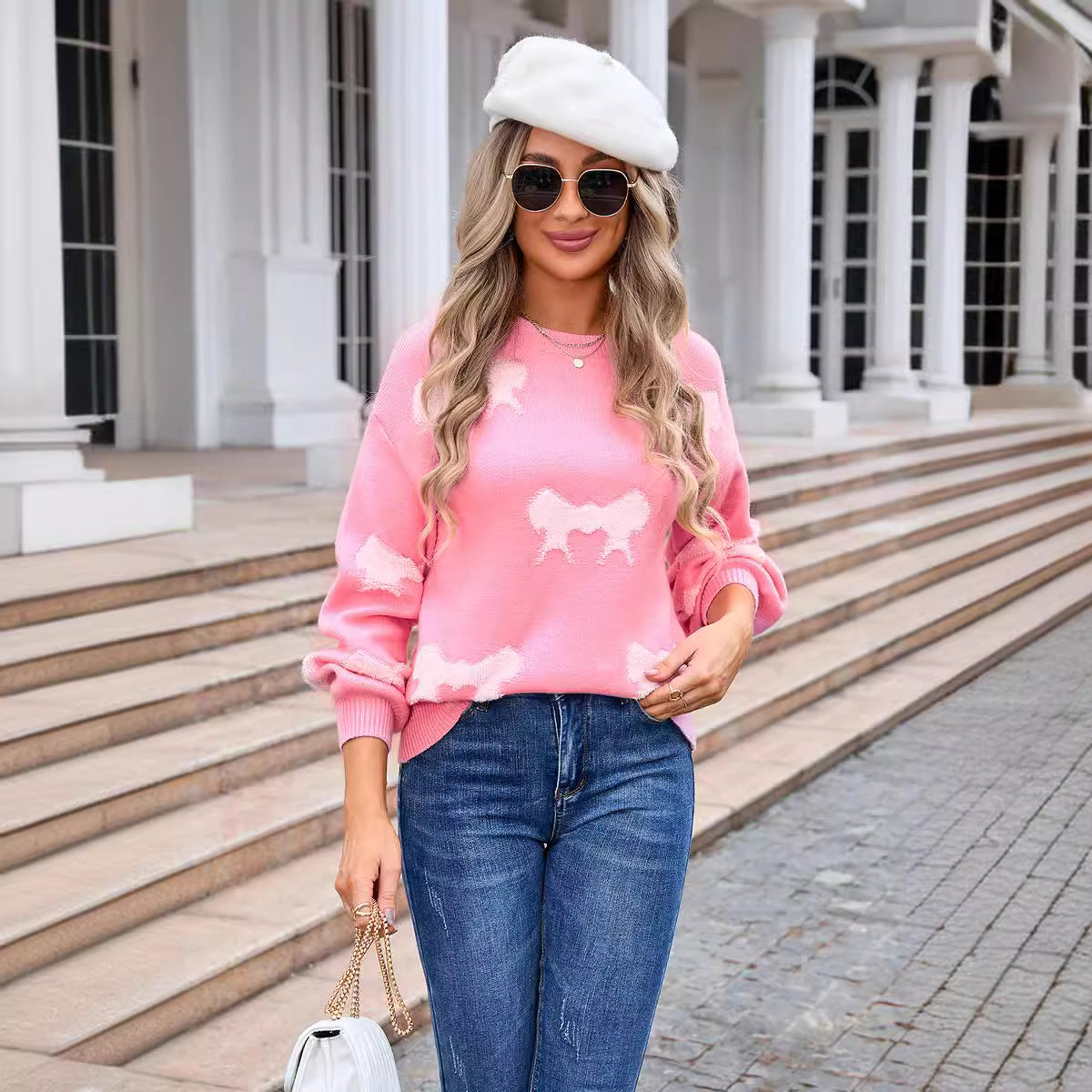 Women's Round-collar Long-sleeve Knitwear Bow