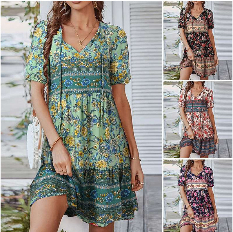 Bohemian Floral Print Lace-up Dress