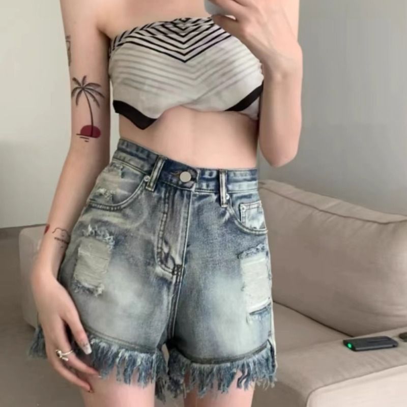 High Waist Slimming Hot Girl American Plus Size Hot Pants Frayed A Tassel