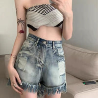 High Waist Slimming Hot Girl American Plus Size Hot Pants Frayed A Tassel