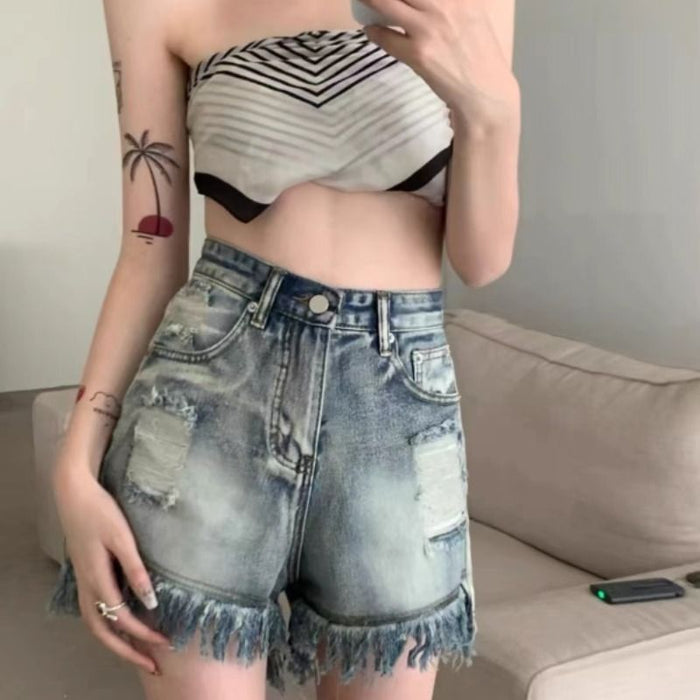 High Waist Slimming Hot Girl American Plus Size Hot Pants Frayed A Tassel