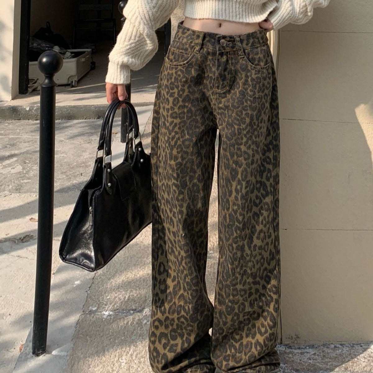 Leopard Print All-matching Jeans Loose Straight Casual Wide-leg Pants