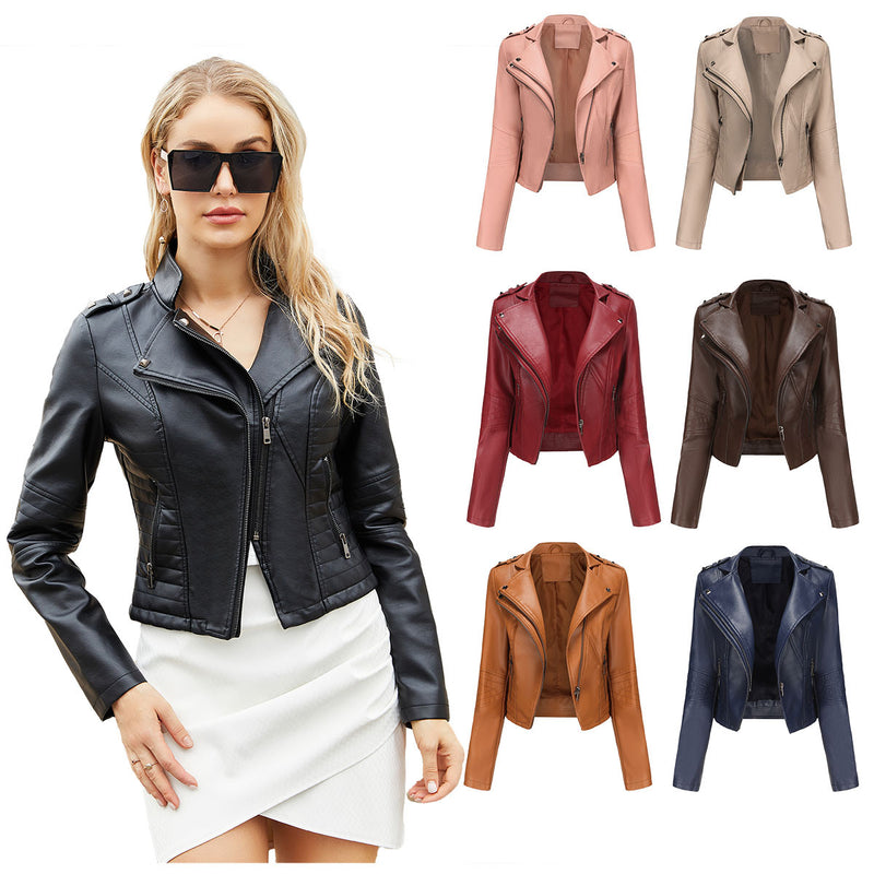 Women's Fashionable Fitted Long Sleeve Leather Coat