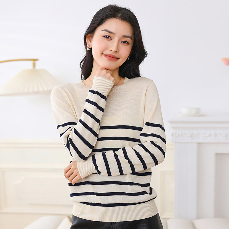 Women's Fashionable Round Neck Striped Cotton Sweater