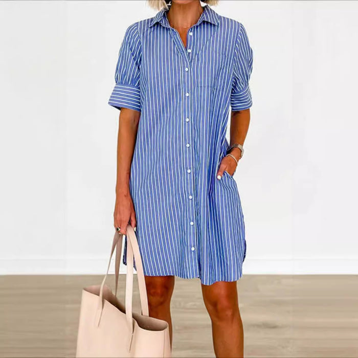 Striped Pocket Single-breasted Dress Women