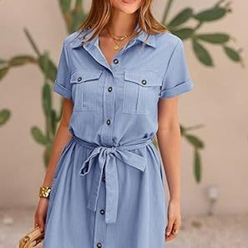 Pocket Button Solid Color Short Sleeve Dress Women