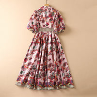 Pleated Swing Stand-up Collar Puff Sleeve Printed Dress