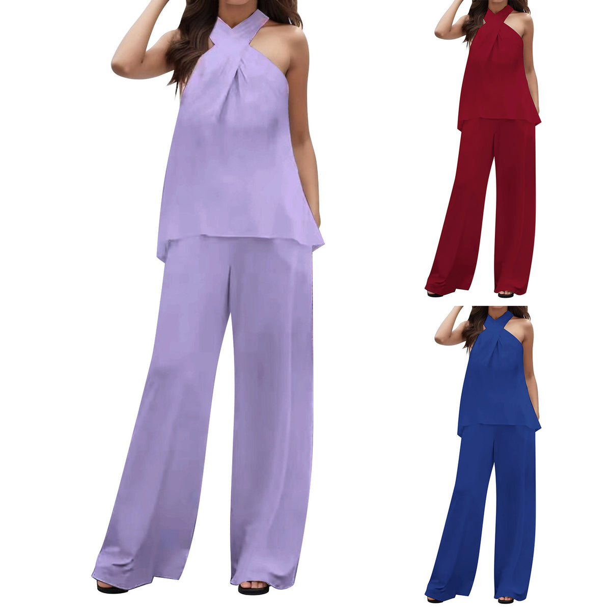 Pure Color Halter Sleeveless V-neck Top Elastic Waist Wide Leg Pants