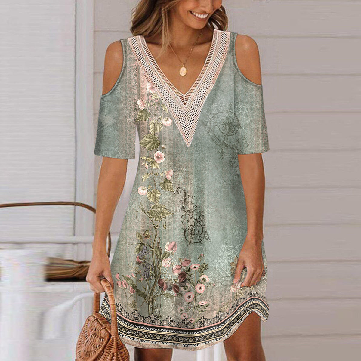 Women's Printing Off-the-shoulder V-neck Dress