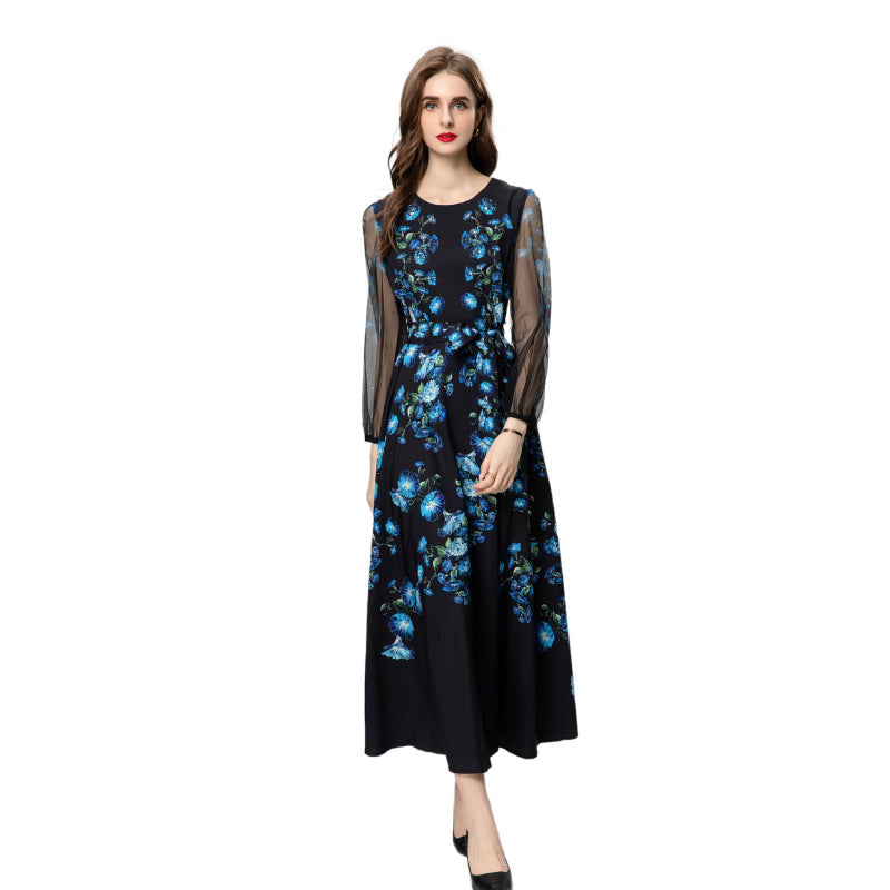 Peacock Blue Flower Front Piece Heavy Industry Manual Bead Long Sleeve Dress