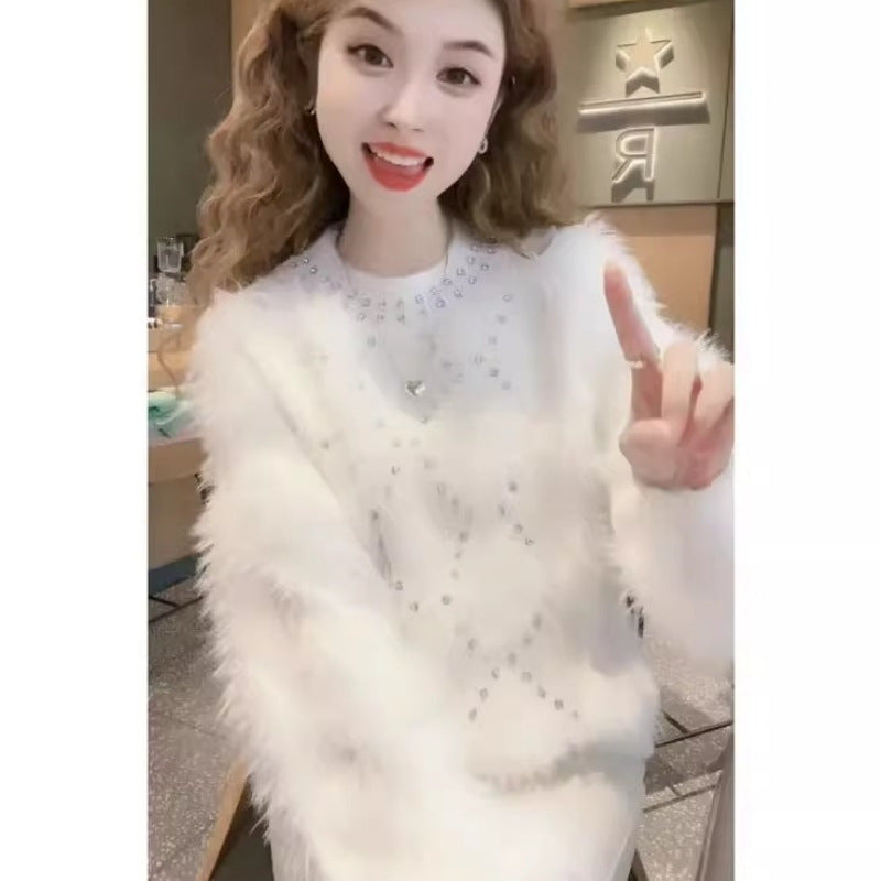 Soft Glutinous Chic Beautiful Sweater Women's Winter Furry Fashion Sense Rhombus Plaid