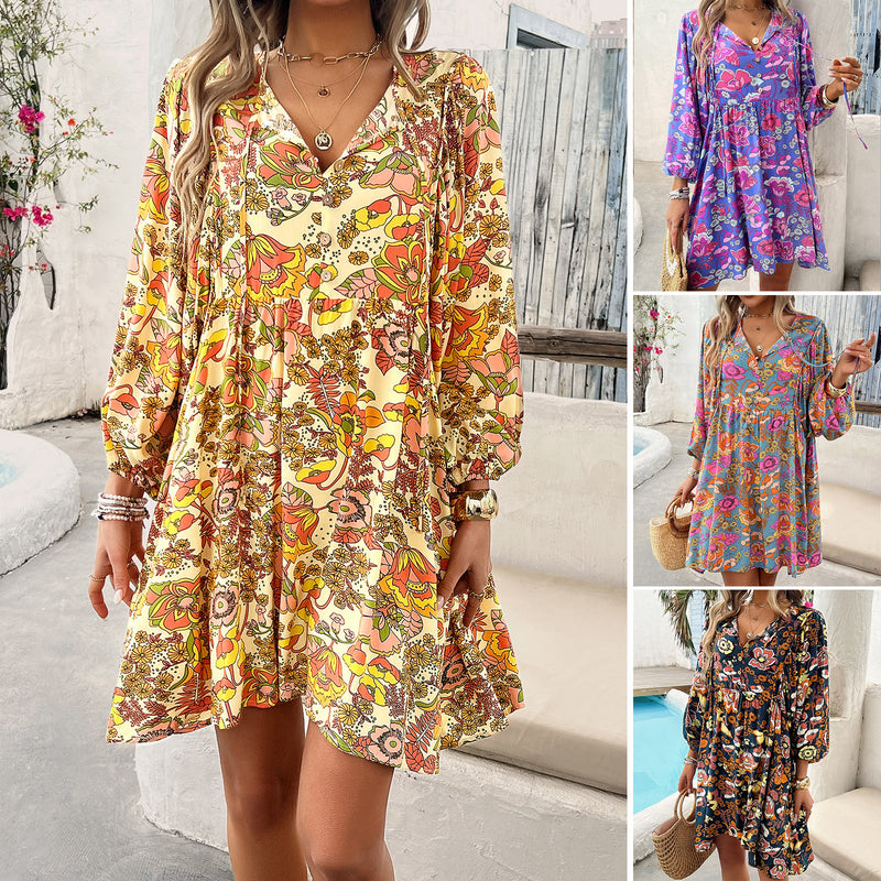 Casual Holiday Floral Print Long Sleeve Dress