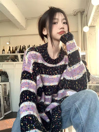 American Style Retro Design Striped Round Neck Sweater Idle Style Loose Outerwear Knitwear